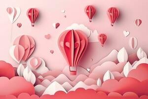 papier kunst van vliegend heet lucht ballonnen met hart vorm in de lucht. papier besnoeiing stijl Valentijn dag met hart ballon, ai gegenereerd foto