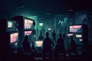 mensen aan het kijken TV in een donker kamer. televisie verslaving concept. 3d weergave, mensen menigte aan het kijken TV in donker achtergrond, ai gegenereerd foto