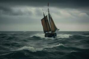 oud zeilboot in de stormachtig zee. afgezwakt afbeelding. oud zeilboot gevangen in een groot storm Bij zee, ai gegenereerd foto