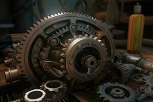 detailopname van een uitrusting wiel in een fabriek. 3d weergave, realistisch uitrusting reeks in een motor, ai gegenereerd foto