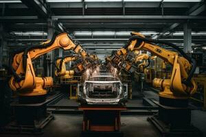 slim industrie robot armen voor digitaal fabriek productie lijn. concept van kunstmatig intelligentie- voor de industrieel revolutie. robot armen fabricage auto's in een auto fabriek, ai gegenereerd foto