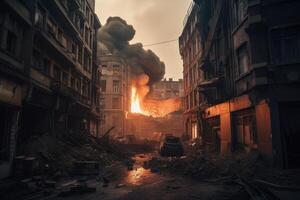 brandend gebouwen en straten van kiev. zwaar rook van de brand. een eng oorlogvoering situatie en dramatisch verwoesting in een stad, ai gegenereerd foto