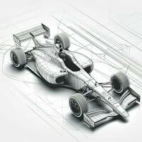 3d renderen van een formule ras auto in zwart en wit kleur, sport auto racing formule een ras bijhouden lijn kunst, ai gegenereerd foto