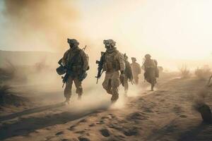 Verenigde staten marine speciaal krachten soldaten in actie gedurende een woestijn missie. speciaal leger soldaten wandelen in een rokerig woestijn, ai gegenereerd foto