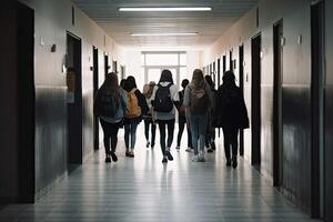 terug visie van groep van studenten wandelen in gang van school- of Universiteit, tiener- school- kinderen staand in voorkant van kluisje, ai gegenereerd foto