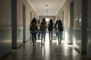 terug visie van groep van jong vrouw studenten wandelen in gang van school, tiener- school- kinderen staand in voorkant van kluisje, ai gegenereerd foto