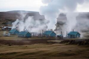 IJslands landschap met oud houten huizen en roken schoorstenen. de geothermisch energie maken industrie produceren, ai gegenereerd foto