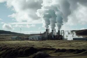 industrieel landschap met schoorstenen van een macht fabriek in IJsland. de geothermisch energie maken industrie produceren, ai gegenereerd foto