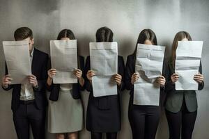 groep van bedrijf mensen Holding papier lakens in voorkant van hun gezichten. jong mensen schuilplaats hun gezichten achter hervat papier, ai gegenereerd foto