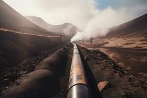 stoom- komt eraan uit van een pijp in de woestijn van Maui, Hawaii, de geothermisch energie industrie pijpleiding, ai gegenereerd foto