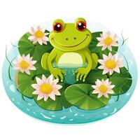 illustratie van een kikker zittend Aan een lelie stootkussen met bloemen, schattig weinig gelukkig kikker clip art Aan top van water, ai gegenereerd foto