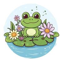 schattig kikker zittend Aan de water lelie. schattig weinig gelukkig kikker clip art Aan top van water, ai gegenereerd foto