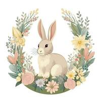 konijn en bloemen lauwerkrans. schattig tekenfilm illustratie. bloemen Pasen konijn clip art, ai gegenereerd foto