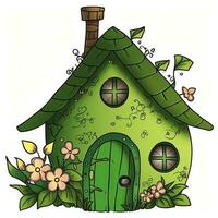 hand- getrokken illustratie van een schattig groen huis met bloemen en bladeren, groen fee huis clip art, ai gegenereerd foto