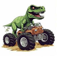 tyrannosaurus rex ritten Aan een monster vrachtwagen. trex rijden monster vrachtauto clip art, ai gegenereerd foto