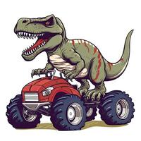 tyrannosaurus dinosaurus ritten Aan een rood auto. trex rijden monster vrachtauto clip art, ai gegenereerd foto