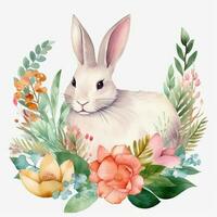 konijn met bloemen en bladeren. waterverf illustratie Aan wit achtergrond. bloemen Pasen konijn clip art, ai gegenereerd foto