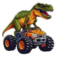 tyrannosaurus rex Aan een monster vrachtwagen. trex rijden monster vrachtauto clip art, ai gegenereerd foto