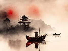 Chinese landschap met berg, rivier, bomen, pagode. waterverf en inkt illustratie van natuur, sumi-e of u-zonde traditioneel schilderen. ai gegenereerd foto