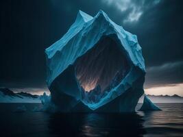 ijsberg met grot in de oceaan. ai gegenereerd foto