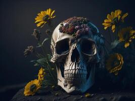 menselijk schedel vol bloemen. halloween. ai gegenereerd foto