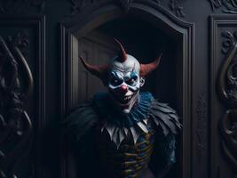 griezelig clown staand in de deuropening, halloween concept. ai gegenereerd foto