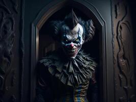 griezelig clown staand in de deuropening, halloween concept. ai gegenereerd foto