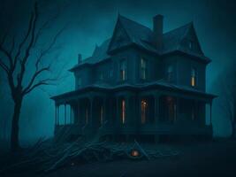 zwart oud griezelig huis Bij mistig nacht. halloween achtergrond. ai gegenereerd foto