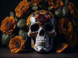 suiker schedel met bloemen Aan zwart achtergrond. ai gegenereerd foto