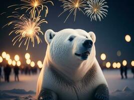 schattig polair beer Bij een nieuw jaren viering, ai gegenereerd foto
