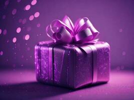 roze glinsterende geschenk doos Aan roze bokeh achtergrond, ai gegenereerd foto