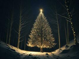 schijnend met gouden lichten Kerstmis boom. generatief ai foto