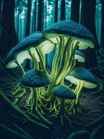 kleurrijk, gloeiend champignons in een mystiek Woud. gemaakt met generatief ai software. foto