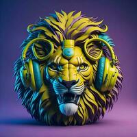 3d illustratie van een leeuw hoofd vervelend hoofdtelefoons voor icoon of logo foto