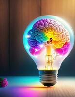 ideeën concept, hersenen binnen de licht lamp Aan kleurrijk achtergrond foto