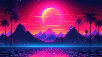 generatief ai, 80s retro futuristische scifi., nostalgisch jaren 90. nacht en zonsondergang neon kleuren, cyberpunk wijnoogst illustratie. zon, bergen en handpalmen. opnieuw magnetron vj videogame landschap. foto