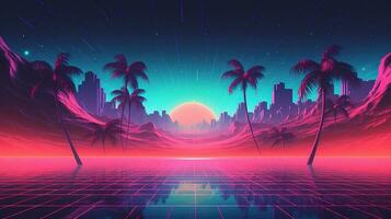 generatief ai, 80s retro futuristische scifi., nostalgisch jaren 90. nacht en zonsondergang neon kleuren, cyberpunk wijnoogst illustratie. zon, bergen en handpalmen. opnieuw magnetron vj videogame landschap. foto