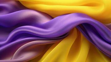 generatief ai, vloeiende chiffon kleding stof structuur in Purper paars en geel kleur. glanzend voorjaar banier, materiaal 3d effect, modern macro fotorealistisch abstract achtergrond illustratie. foto