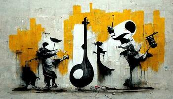 generatief ai, abstract straat kunst met sleutels en musical instrumenten silhouetten. inkt kleurrijk graffiti kunst Aan een getextureerde papier wijnoogst achtergrond, geïnspireerd door banksy. foto