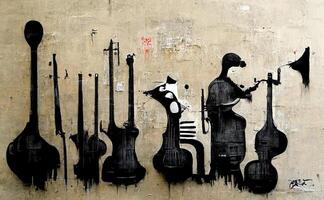 generatief ai, abstract straat kunst met sleutels en musical instrumenten silhouetten. inkt kleurrijk graffiti kunst Aan een getextureerde papier wijnoogst achtergrond, geïnspireerd door banksy. foto