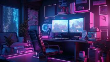 generatief ai, computer Aan de tafel in cyberpunk stijl, nostalgisch jaren 80, jaren 90. neon nacht lichten levendig kleuren, fotorealistisch horizontaal illustratie van de futuristische interieur. technologie concept. foto