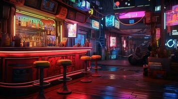 generatief ai, cyberpunk stijl bar of cafe. nacht tafereel van groot stad, futuristische nostalgisch jaren 80, jaren 90. neon lichten levendig kleuren, fotorealistisch horizontaal illustratie. foto