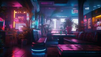 generatief ai, cyberpunk stijl bar of cafe. nacht tafereel van groot stad, futuristische nostalgisch jaren 80, jaren 90. neon lichten levendig kleuren, fotorealistisch horizontaal illustratie. foto