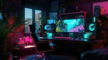 generatief ai, computer Aan de tafel in cyberpunk stijl, nostalgisch jaren 80, jaren 90. neon nacht lichten levendig kleuren, fotorealistisch horizontaal illustratie van de futuristische interieur. technologie concept. foto