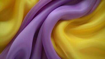 generatief ai, vloeiende chiffon kleding stof structuur in Purper paars en geel kleur. glanzend voorjaar banier, materiaal 3d effect, modern macro fotorealistisch abstract achtergrond illustratie. foto