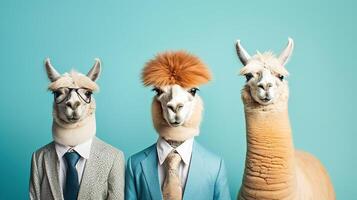 generatief ai, groep van positief verschillend kleuren van alpaca's of lama's, grappig dieren. individualiteit, onafhankelijkheid, denken verschillend, creatief idee, verscheidenheid en inclusief concept. foto