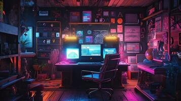 generatief ai, computer Aan de tafel in cyberpunk stijl, nostalgisch jaren 80, jaren 90. neon nacht lichten levendig kleuren, fotorealistisch horizontaal illustratie van de futuristische interieur. technologie concept. foto