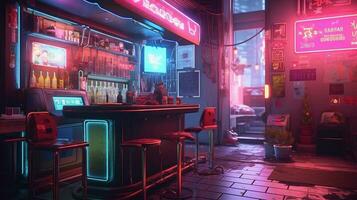 generatief ai, cyberpunk stijl bar of cafe. nacht tafereel van groot stad, futuristische nostalgisch jaren 80, jaren 90. neon lichten levendig kleuren, fotorealistisch horizontaal illustratie. foto