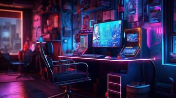 generatief ai, computer Aan de tafel in cyberpunk stijl, nostalgisch jaren 80, jaren 90. neon nacht lichten levendig kleuren, fotorealistisch horizontaal illustratie van de futuristische interieur. technologie concept. foto