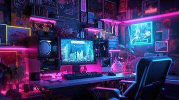 generatief ai, computer Aan de tafel in cyberpunk stijl, nostalgisch jaren 80, jaren 90. neon nacht lichten levendig kleuren, fotorealistisch horizontaal illustratie van de futuristische interieur. technologie concept. foto